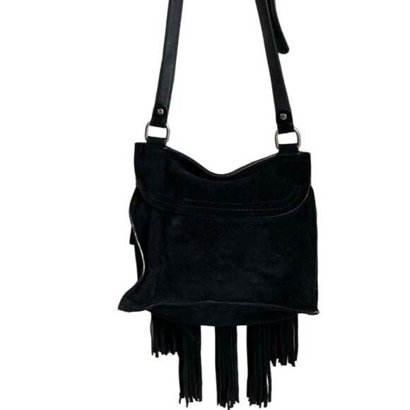 Free People Womens Crossbody Bag Black Suede Fringe Tassel Boho Western - Picture 2 of 10